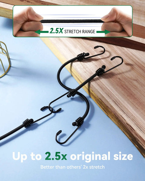 Mini Bungee Cord Set With 20 Pcs Assorted Sizes showing 2.5x stretch range, black cords with steel hooks on wooden surface.