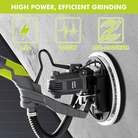 Electric Drywall Sander With Vacuum Dust Collector, 9.5A 1050W Variable Speed 600-2600 RPM, green sander close-up