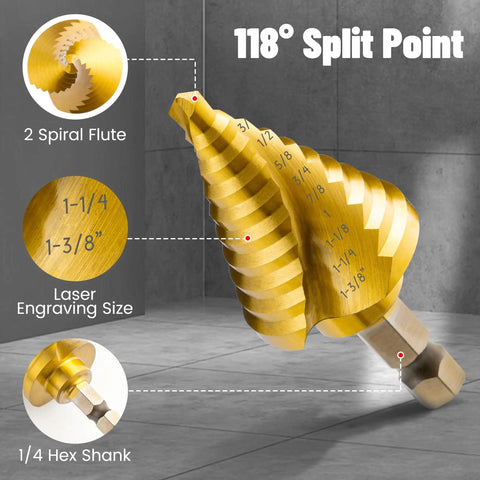 Top Shelf Five Piece Titanium HSS Step Drill Bit Set With Spiral Dual Flute Design And 118 Degree Split Tip, highlighting 1/4 hex shank.
