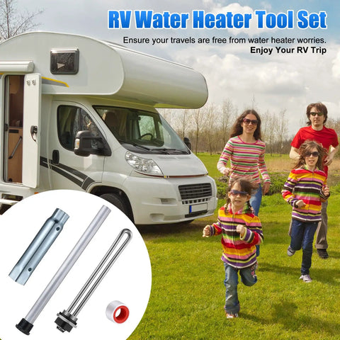 All In One RV Water Heater Maintenance Kit With 4 Piece Anode Rod Electric Heater Element Dual Hex Wrench And Tape Replacement Kit For Suburban RV Parts Road Trip Ready Hot Water Upgrade With No Fuss, shown with family and RV.