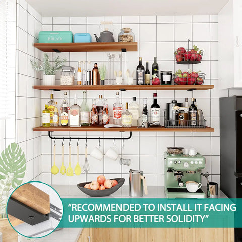Heavy Duty Floating Shelf Brackets 12 Inch Black 4 Pack Hidden Wall Mount supports multiple kitchen items and decor on modern shelves.