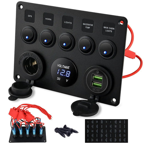 5 Gang 12V Marine Rocker Switch Panel With Waterproof Build, USB Touch Switch And Dual QC3 USB Ports For Boats, Power Saver Toggle, Blue LED Indicator, black