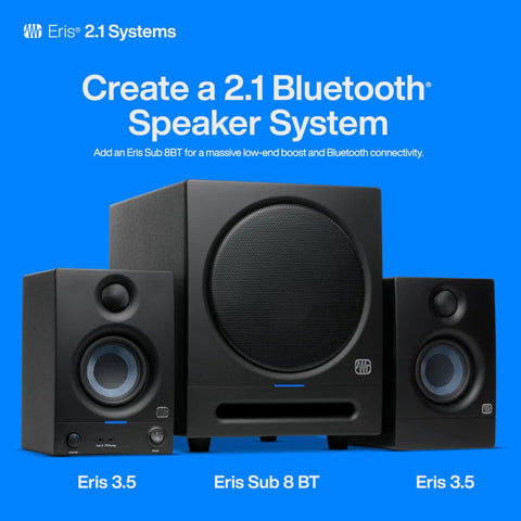 Eris 3.5 Studio Monitors Pair For Near Field Mixing And HiFi Desktop Listening with Eris Sub 8 BT in a 2.1 system setup