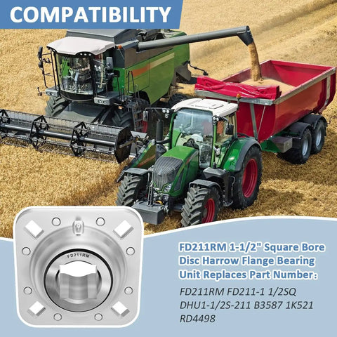 FD211RM Direct Swap Disc Harrow Bearing With One Point Five Inch Square Bore and Flange Mount, viewed on agricultural machinery.