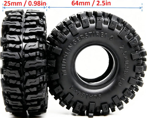 1.0 Crawler Tires 64x25mm Mud Slingers Super Soft Sticky For RC Crawlers side and tread view