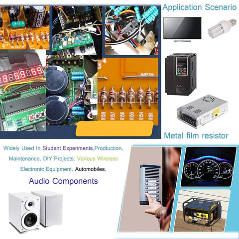Collage of electronic components showing 56 Value 1W Carbon Film Resistor Kit For DIY Electronics Projects and applications.