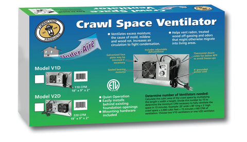 Product packaging for Underaire Crawlspace Ventilator Fan 220 CFM Moisture Control Dual Fans with specifications and installation info.