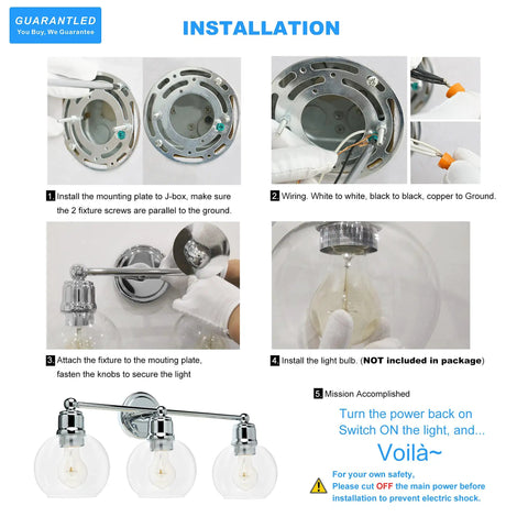 Installation guide for Three Light Chrome Vanity Light Fixture For Bathroom Powder Room Wall Sconce With Globe Glass Shades