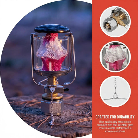Portable Gas Lantern For Camping And Outdoor Adventures, Copper And Stainless Steel Construction on tree stump