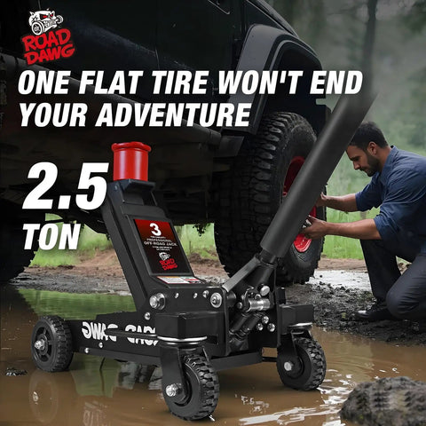 Man using 3 Ton Aluminum Off Road Floor Jack With Big Wheel System For Rough Terrain And Heavy Duty Hydraulic Lift Up To 6000 Lbs Capacity For Trucks SUVs And ATVs Portable Professional Jack on muddy terrain
