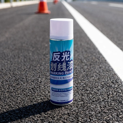 Zerodeko Pavement Striping Paint, Reflective Night Road Visibility Spray can on asphalt with white line and traffic cone.
