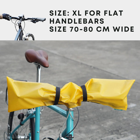 Waterproof Mountain Bike Handlebar Cover With Hook And Loop Strap Black XL Rainproof Bar Protector For Road Bicycles shown on a bike