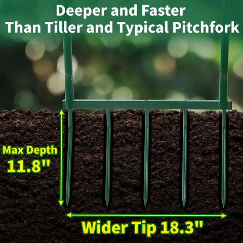 Heavy Duty Five Tine Broad Fork With Steel Handle For Garden Loosening And Aeration 52 Inch Long 20 Inch Wide in soil
