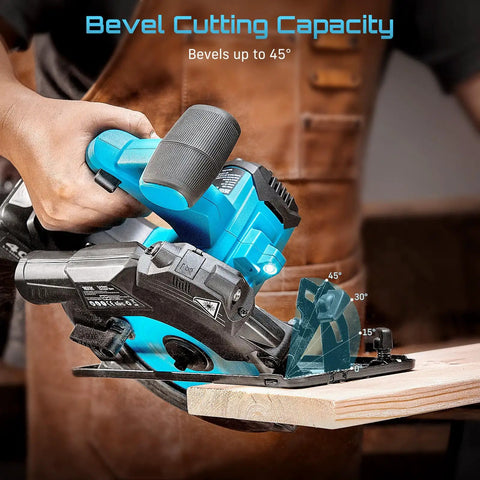 Heavy Duty 6-1/2 Inch Cordless Circular Saw Featuring Twin 21V 8000 Mah Battery Set And Rapid Charger Kit cutting a bevel at 45 degrees on wood.