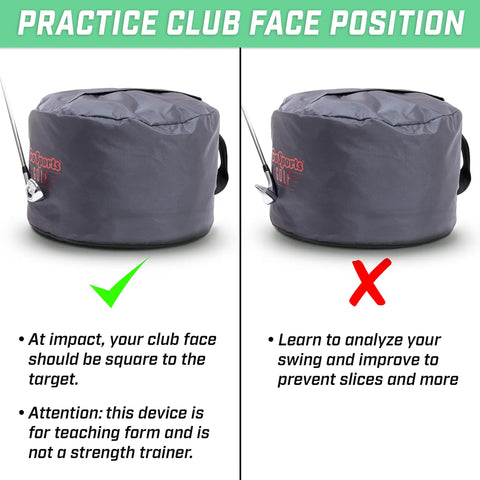 GoSports Golf Swing Impact Bag Trainer to Fix Slices and Hooks, showing proper and improper clubface positions.