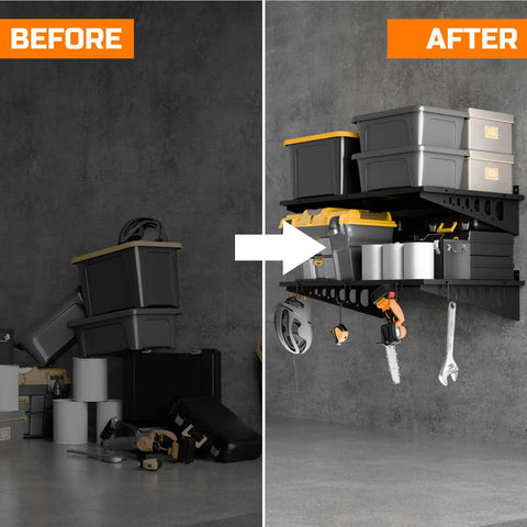Before and after of garage organization with 2-Pack Heavy Duty Wall Shelves 2x3ft, 500 Lb Capacity Garage Wall Mounted Shelving Racks