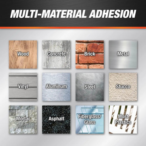 Image showing surfaces like wood, concrete, brick, metal, and more labeled for multi-material adhesion by Polyurethane Premium Construction Adhesive Sealant In Black 10.1 Oz Heavy Duty Sealant For Interior And Exterior Use On Windows Doors Siding Tuckpointing Pipes Vents Chimneys And More.