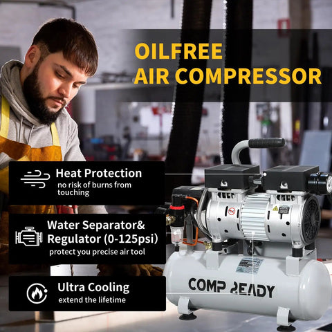 2 Gallon Portable Air Compressor 0.75HP Oil Free Ultra Quiet 60dB for tire inflation, featuring dual motors and heat protection.