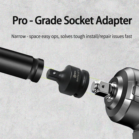 Industrial Grade 3/8 Inch To 1/2 Inch Impact Socket Adapter Reducer Made From Cr-Mo Steel For Pro Grade Rotation Converter And Tough Gear Maintenance, Works With Impact Drivers, Wrenches And Ratchets shown connecting to a tool