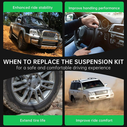Collage of vehicles emphasizing enhanced stability, handling, tire life, and ride comfort related to suspension kit replacement.