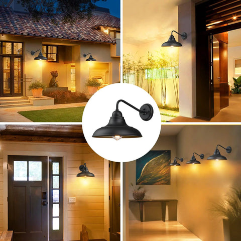 Two Pack Black Wall Lanterns Outdoor Indoor Barn Sconce Lights Classic Modern Gooseneck Exterior Lighting For Farmhouse Style Weatherproof Outdoor Wall Lamps Easy Mount Vintage Inspired Exterior Lighting displayed in various indoor and outdoor settings