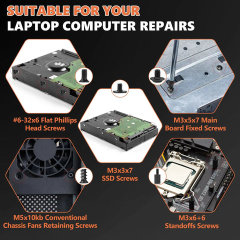 Rock Solid 522 Piece Computer Screws Kit Featuring M3 Hex Fasteners and Standard Six Thirty Two Bolts for Motherboard Standoffs M2 SSD Mounting Hardware Sweet PC Builds laptop repair screws image with various sizes and types.