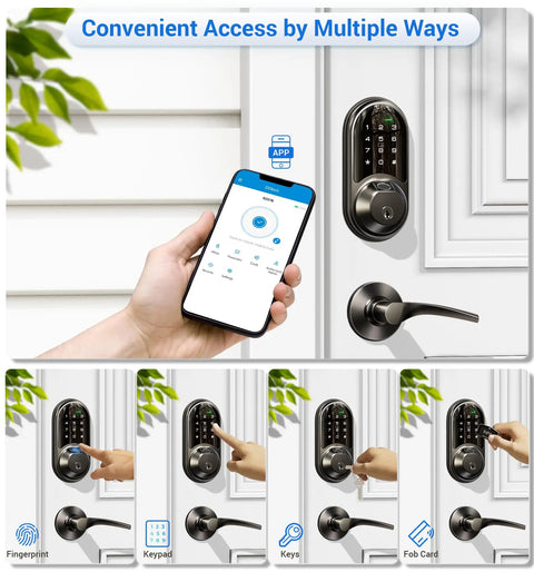 Heavy Duty Fingerprint Smart Lock With Dual Lever Handles In Matte Black For Zero Hassle Keyless Entry And Full Smartphone App Control To Secure Your Place Without The Stress, showing mobile app access and various unlocking methods.