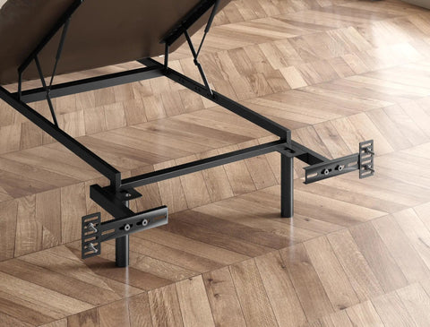 Heavy Duty Headboard Brackets For Metal Bed Frame Adjustable Mounting Hardware With Footboard Extension Kit Universal Fit Twin Full Queen King Matte Black visible under a bed frame.