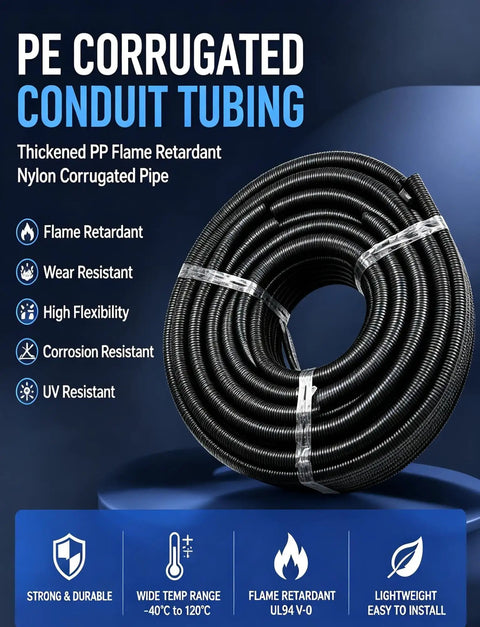 Top Tier Flame Retardant Corrugated Wiring Conduit for Heavy Duty Cable Protection, flexible PP tubing in a coiled roll for wiring solutions.
