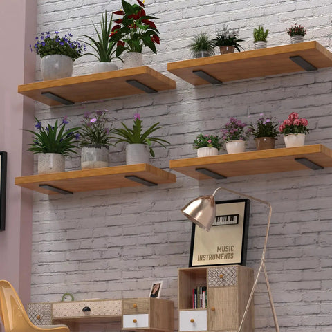 Rock Solid Heavy Duty Shelf Brackets Matte Black Floating L Brackets For Wall Mount Countertops 4 Pack with shelves and plants.