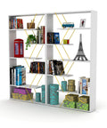 Six Tier White And Yellow Bookcase Storage Shelf With Industrial Display Vibe, Space Saving Organizer filled with decor items.