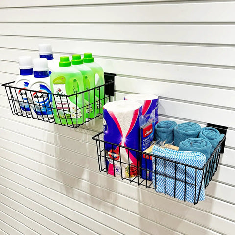 Heavy Duty Slatwall Baskets For Garage And Workshop 15 Inch Large Wire Storage Bins Rugged Slatwall Organizers in use