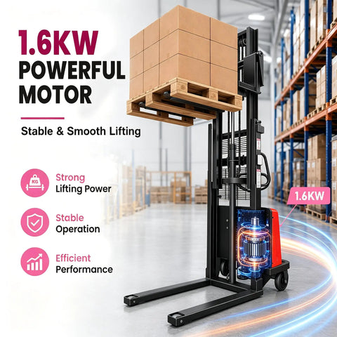 Heavy Duty Semi Electric Pallet Stacker With 3500 Lbs Load Capacity And 1.6 Kilowatt Motor lifting boxes in a warehouse.