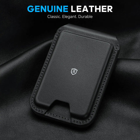 Genuine Leather Magnetic Wallet for MagSafe with Stand, 6 Card Slots, RFID Blocking, slim black design on dark background