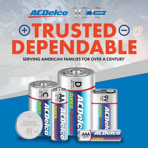 Variety of ACDelco batteries including 9V, D, AA, AAA, and CR2032 lithium cell on a promotional background with text 'Trusted Dependable'.