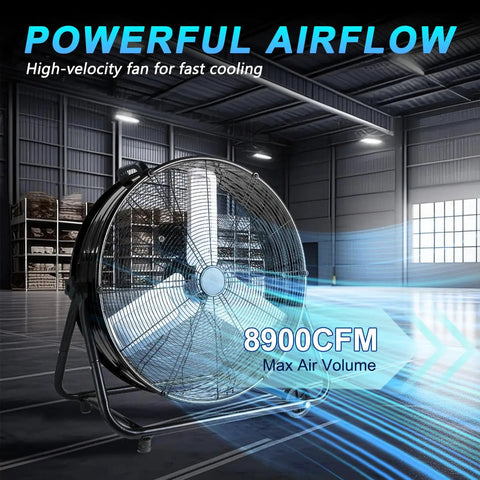 24 Inch Industrial Floor Fan High Velocity Drum Fan Delivers 8900 CFM With Three Speeds Portable Beastly Heavy Duty Air Cooling For Warehouse, Workshop, Factory, Commercial, Residential And Greenhouse Black in a spacious warehouse setting showcasing powerful airflow.