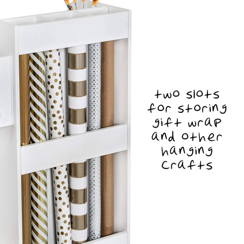 Game Changing Rolling Craft Storage Cart With Three Roomy Drawers And Broad Open Shelves For Bulk Wrapping Paper Ribbon Spools And DIY Gear Featuring Easy Glide Locking Wheels To Keep Your Studio Hustle Neat with two slots for gift wrap.
