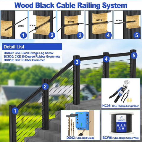 Diagram of wood black cable railing system installation with details on tools and hardware, featuring One Eighth Inch Black Stainless Steel Cable Wire Rope, 1000 Ft Spool, Heavy Duty T316 Marine Grade, 7x7 Aircraft Wire For Cable Railing Hardware And DIY Deck Railing System, Corrosion Resistant And Easily Tensioned.