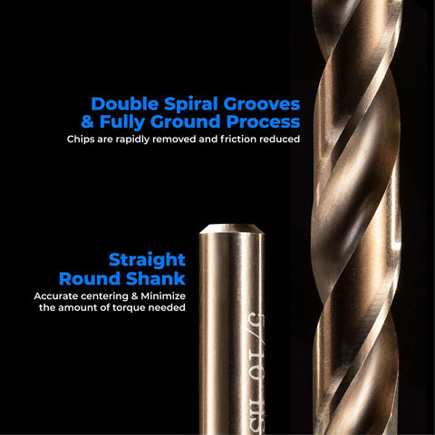Close-up of Five Sixteenth Inch Cobalt Drill Bit Set Ten Piece M35 HSS showing double spiral grooves and straight round shank.