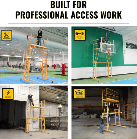 Heavy Duty Adjustable Work Platform Featuring Locked Safety Rails used for indoor maintenance tasks up to 11 feet high.