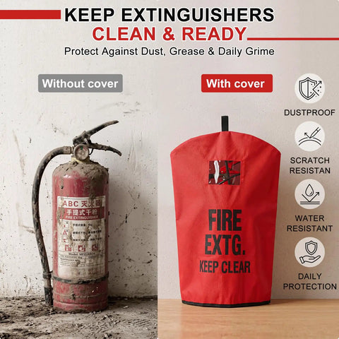 Heavy Duty Fire Extinguisher Covers Squad Pack For 10 To 20 Pound Tanks protecting a dirty extinguisher and clean one.