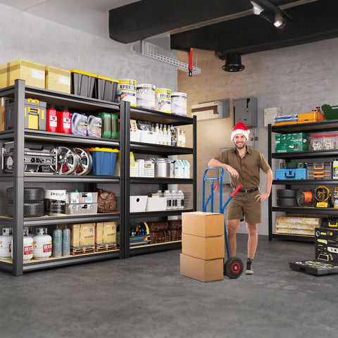 Beefy 5 Tier Garage Shelving Unit With Heavy Duty Metal Storage Shelves in a garage setting filled with tools and supplies