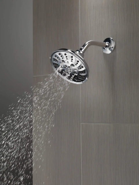 5-Setting H2OKinetic Trad Raincan Shower Head In Matte Black With Easy Touch Clean Spray Holes, water flowing from shower