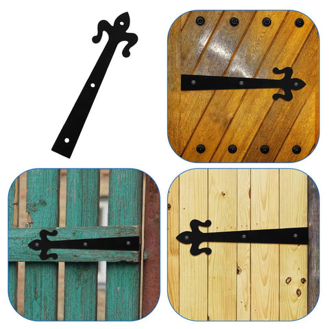 GALPADA black metal shed door hinge with fleur-de-lis end; lift-off design, shown detached and installed on wooden panels.