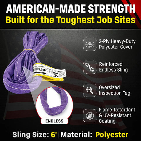 Rock Solid 6 Foot Purple Round Polyester Lifting Sling Rated At 2600 Lbs Vertical And 2080 Lbs Choker Capacity Built Damn Tough For Heavy Industrial Jobs Made Legit Stateside, showing 2-ply heavy-duty design and inspection tag.