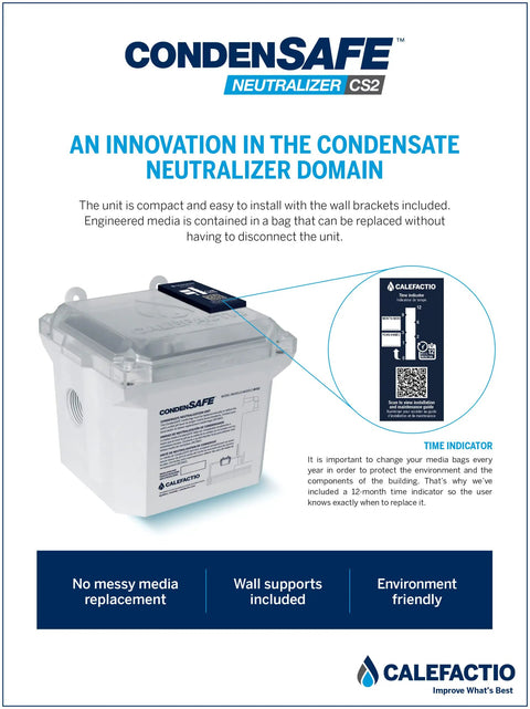 CondenSAFE CS2 Condensate Neutralizer Kit For Your Residential Condensing Gas Boilers Water Heaters and Other Gas Heating Devices Safe No Fuss Pipe-Treated Condensate 2.1 gal/h Treatment Capacity product box with installation instructions and features.