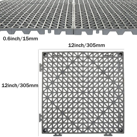 Interlocking Cushion PVC Flooring Tiles Set 12x12 Inches No Slip Drainage Mats, single tile with measurements, top view.
