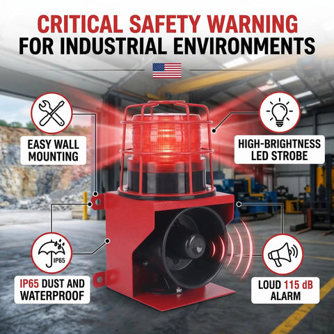 Hardhat Ready Job Site Beast With 115 Decibel Loud Horn And IP65 Waterproof LED Strobe Light For Mine Quarry Construction Emergency Sound Visual Warning Alarm Beacon, featuring a red alarm beacon and LED strobe.