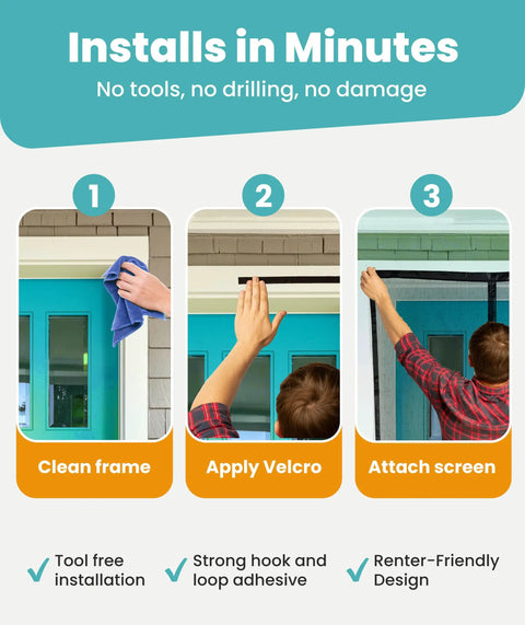 Installation steps for Magnetic Screen Door With Auto Seal, Heavy Duty Mesh, 52 Magnets, showing hands applying it in 9 minutes.