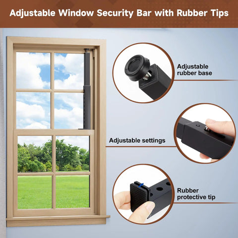 Heavy Duty Adjustable Window Security Bar For Sliding And Double Hung Windows Straight Up Tough Interior Lock Bar with rubber tips.